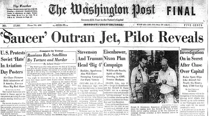 Though the government discounted them, flying saucers over DC were big news in the summer of 1952, as this Washington Post headline attests.