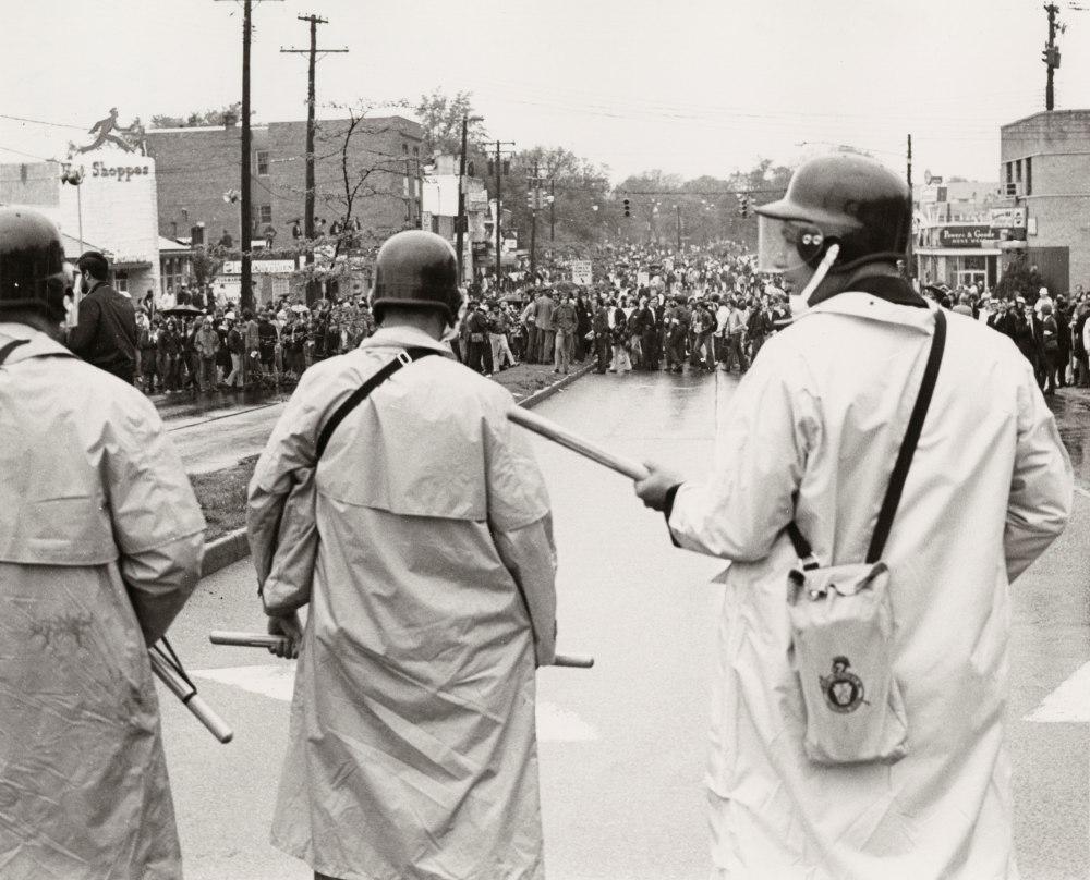 Student protesters face down riot police on Route 1, University of Maryland, 1970 (Photo source: University of Maryland Special Collections)