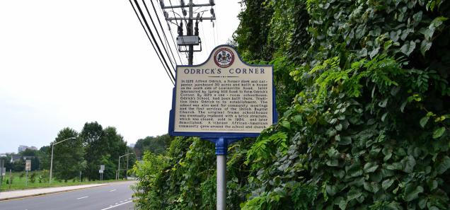 Roadside historical marker detailing the history of Odrick's Corner in Fairfax County. (Credit: Jacob Kaplan) Roadside historical marker detailing the history of Odrick's Corner in Fairfax County. (Credit: Jacob Kaplan)