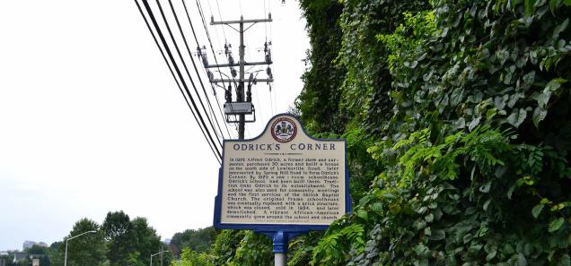 Roadside historical marker detailing the history of Odrick's Corner in Fairfax County. (Credit: Jacob Kaplan) Roadside historical marker detailing the history of Odrick's Corner in Fairfax County. (Credit: Jacob Kaplan)
