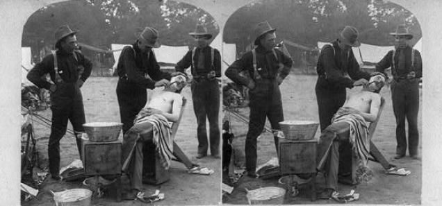 An army barber shop at Camp Alger during the Civil War. (Source: Library of Congress) An army barber shop at Camp Alger during the Civil War. (Source: Library of Congress)