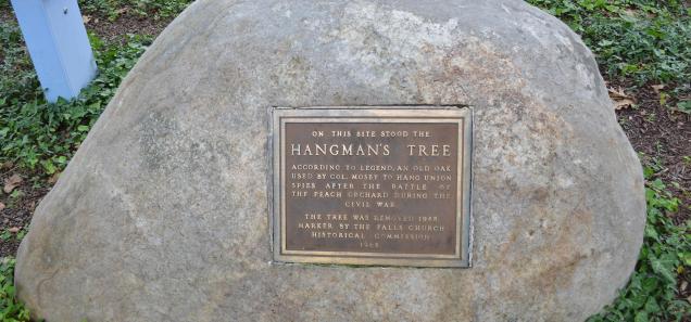 Hangman's Tree marker in Falls Church. (Credit: Jacob Kaplan) Hangman's Tree marker in Falls Church. (Credit: Jacob Kaplan)