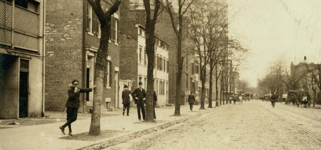 Griffin Veatch, a "night messenger" or child laborer who directed customers to brothels, is leaning against the tree at left. (Credit: LOC) Griffin Veatch, a "night messenger" or child laborer who directed customers to brothels, is leaning against the tree at left. (Credit: LOC)